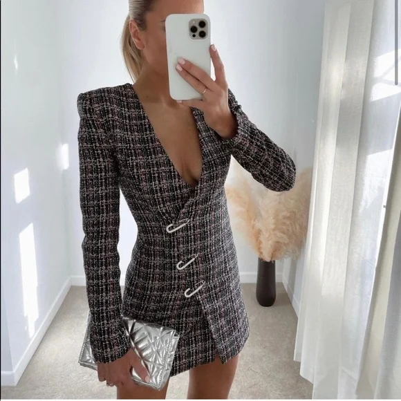 Zara Tweed Long Sleeve Blazer Dress size Medium Bloggers favorite - Picture 2 of 9